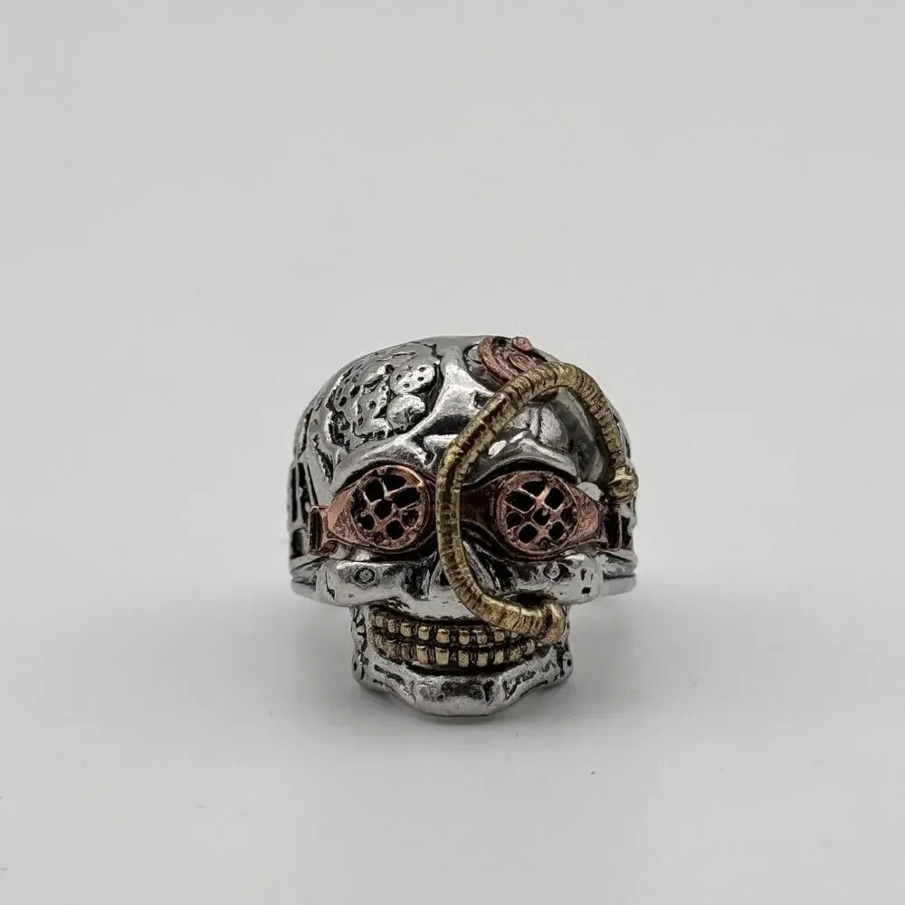 Skull Steampunk Ring Mens Size 8.5 Signet Silver Tone Biker Gothic Punk Rock
